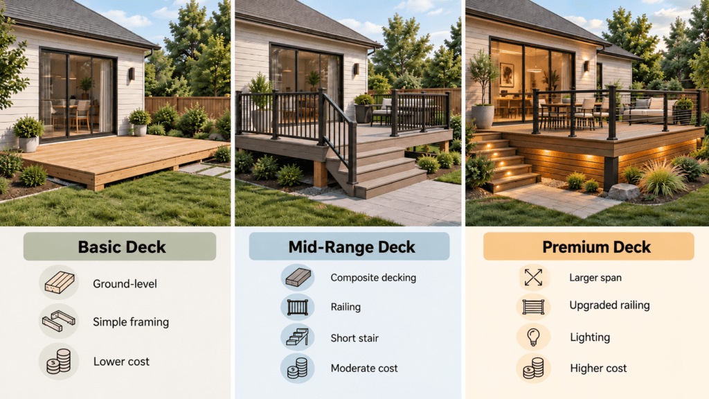 Deck cost comparison showing basic, mid-range and premium deck designs with differences in framing, railing, stairs, lighting and materials