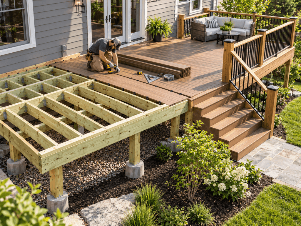Deck installation in progress showing open framing, partially installed deck boards, stairs and railing