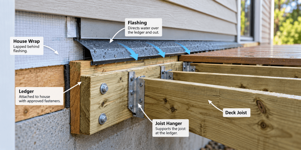 Deck ledger flashing detail showing house wrap, ledger board, joist hanger and deck joist