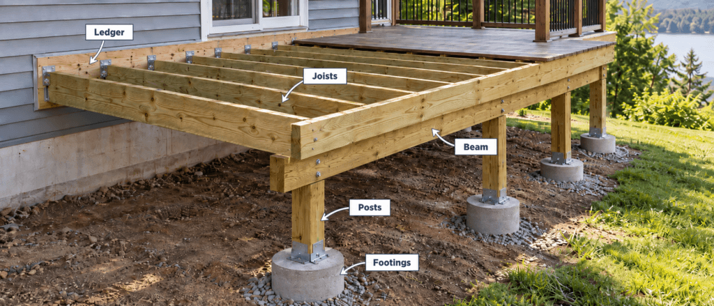 Deck structure diagram showing ledger, joists, beam, posts and footings