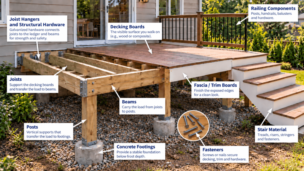 Components that affect the cost to build a deck, including decking, framing, footings, railing, stairs and hardware