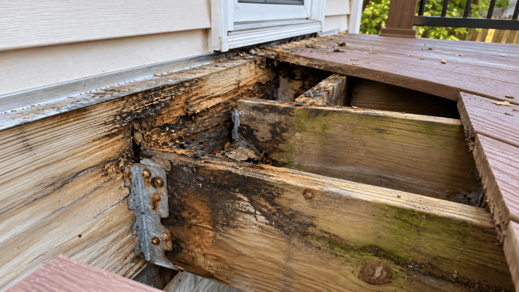 Rot and moisture damage at a deck ledger and joist connection near the house