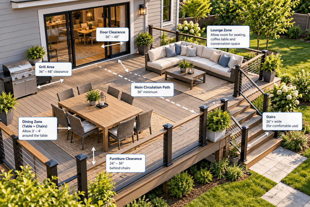 Deck planning diagram showing dining, lounge, grill, stair and circulation clearances
