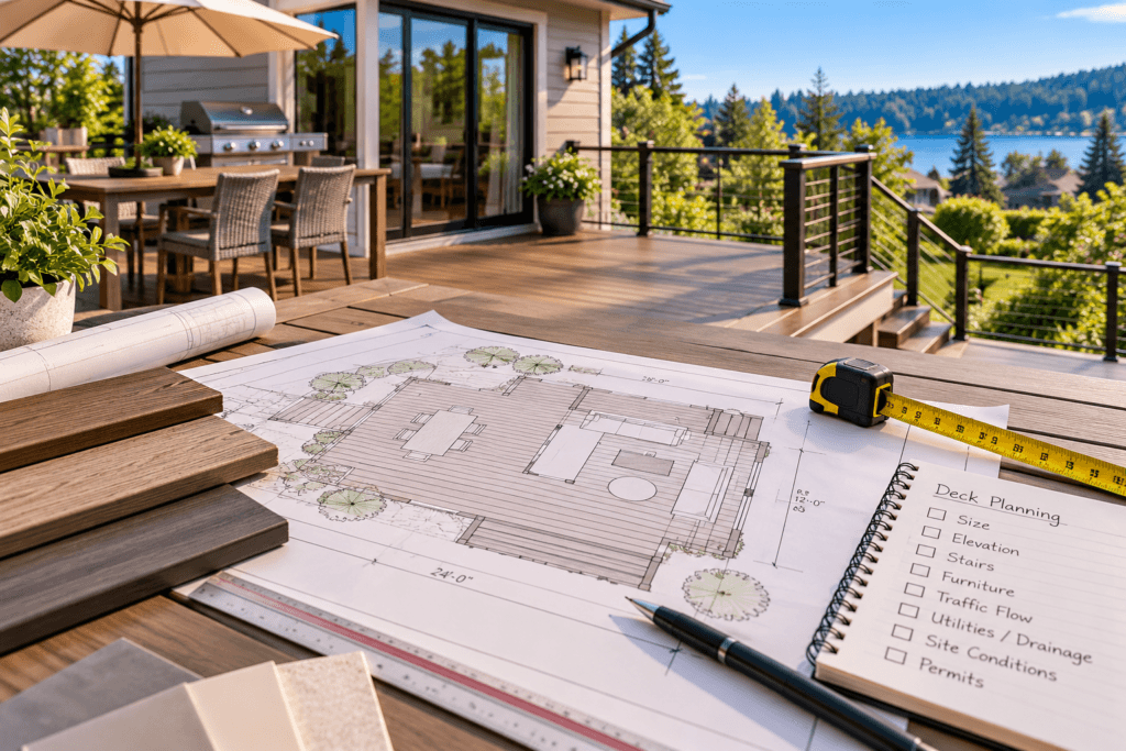 Deck planning layout with residential deck plans, tape measure and outdoor deck in background