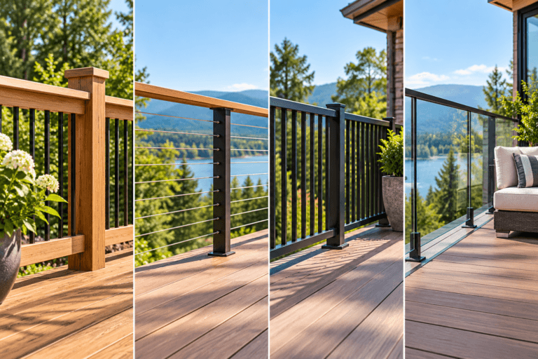 Deck railing ideas showing wood, cable, metal and glass railing styles on a residential deck