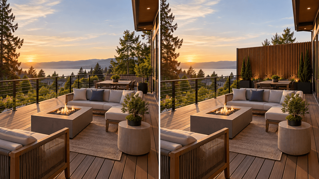 Deck railing ideas comparing an open-view cable railing with a vertical privacy screen on a residential deck