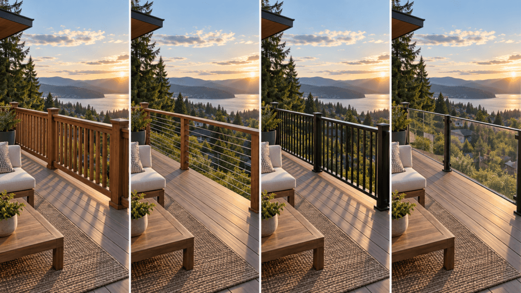 Deck railing ideas comparing wood, cable, black metal and glass railing styles with the same scenic view