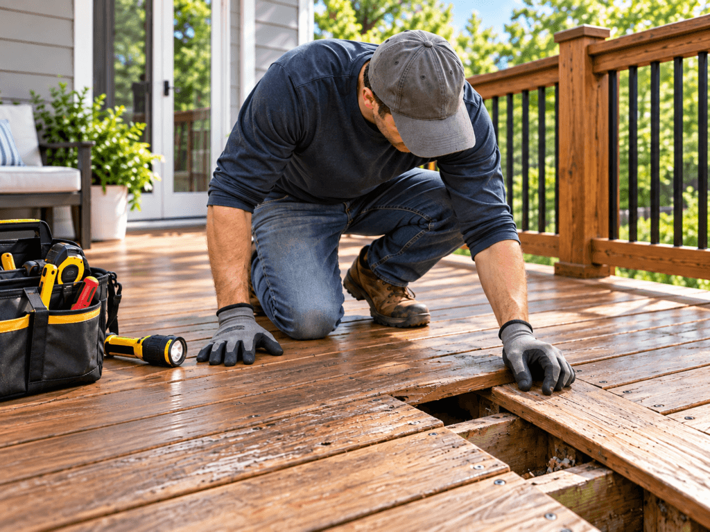 Homeowner inspecting damaged deck boards and exposed framing during deck repair