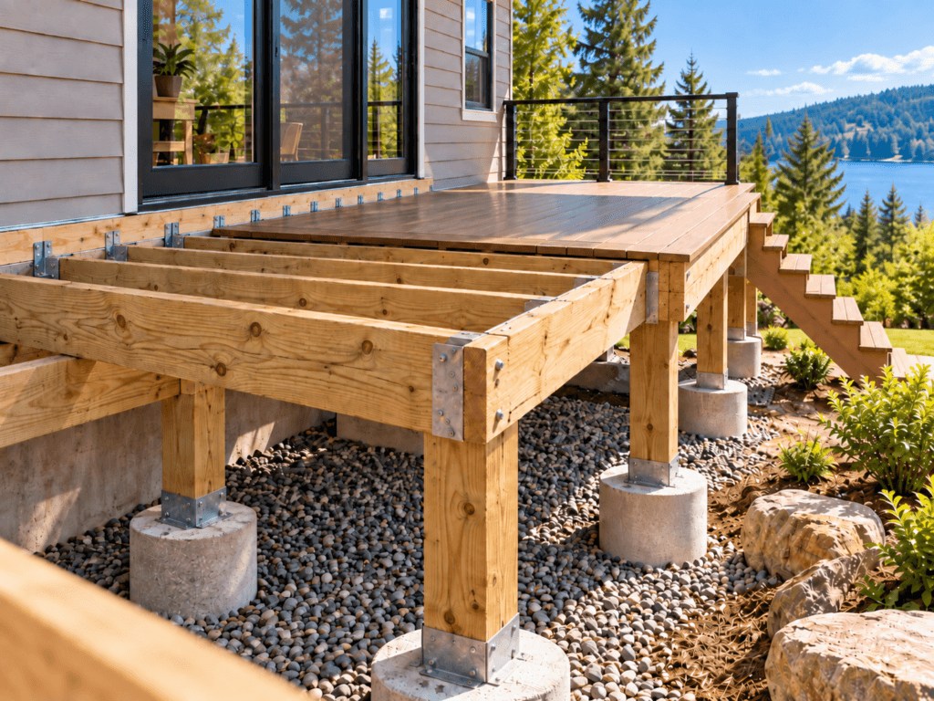 Partially built backyard deck showing framing, posts, beams and footings attached to a house with stairs at the side