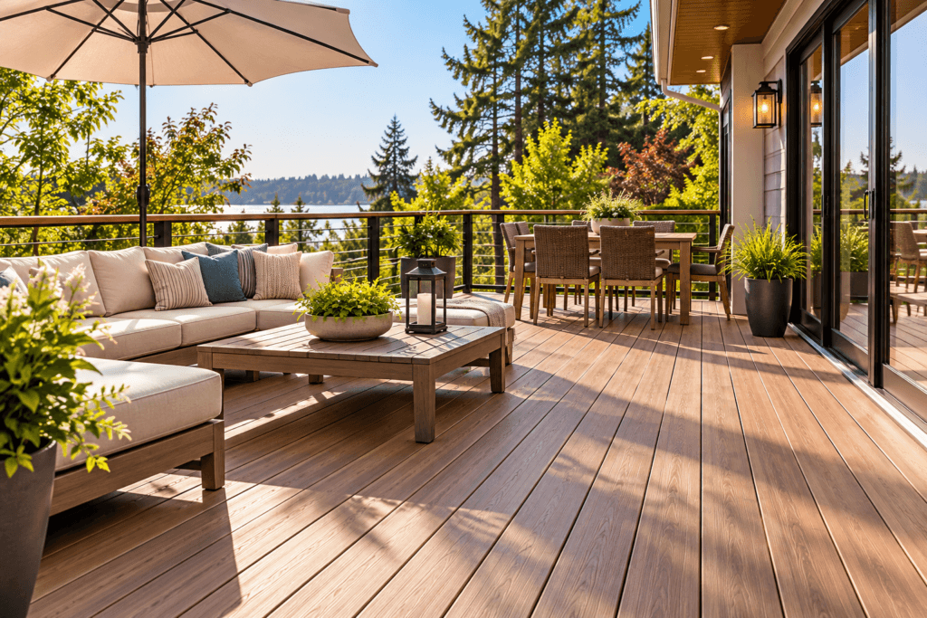 Finished residential deck showcasing wood-look decking materials and outdoor seating