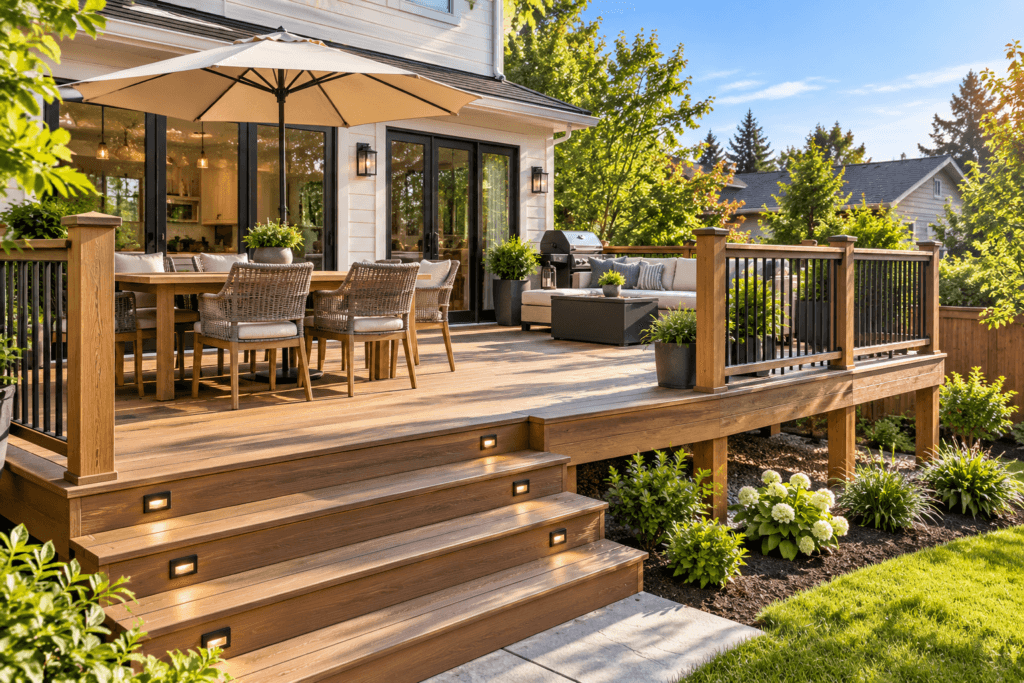 Finished backyard deck with composite decking, stairs, railing and outdoor seating