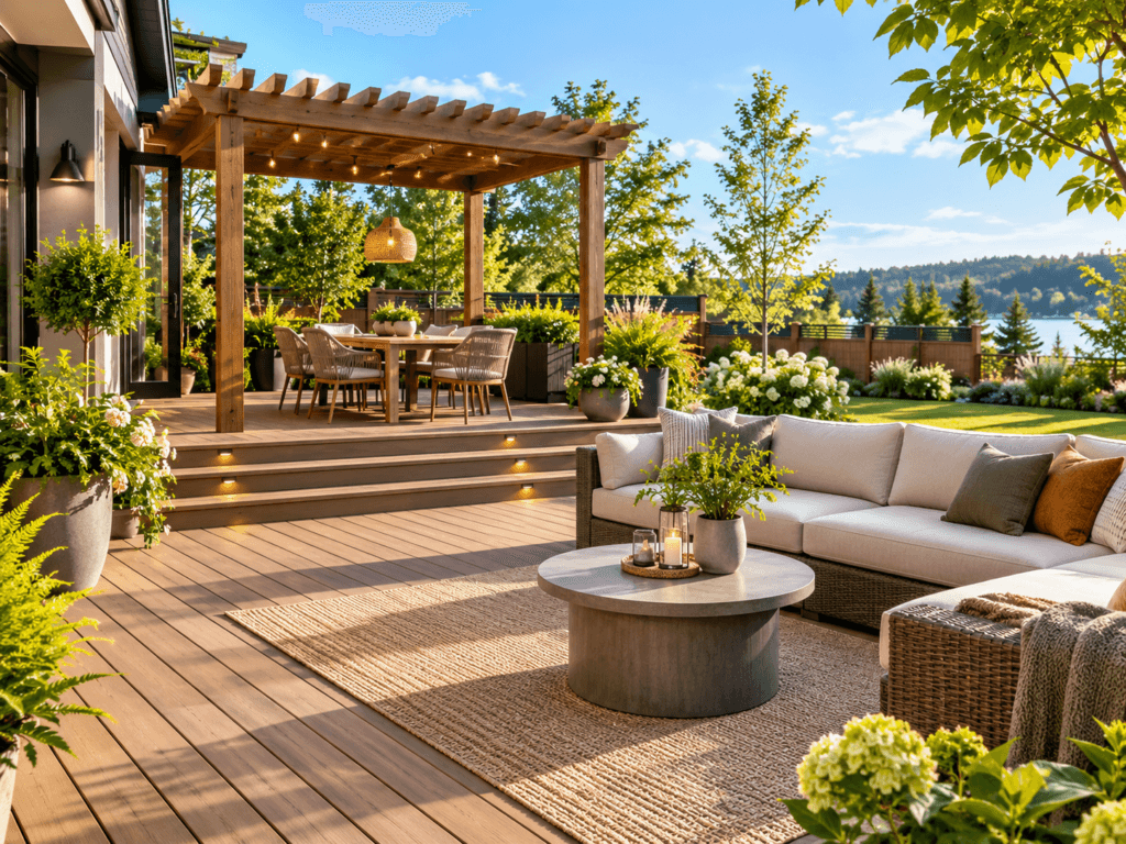 Residential outdoor living space with a wood deck, pergola, dining area, lounge seating and landscaped backyard