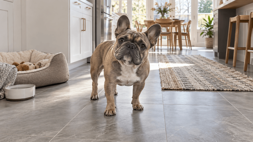 French bulldog standing on large-format tile flooring in a bright kitchen and dining area with a runner and pet bed nearby.