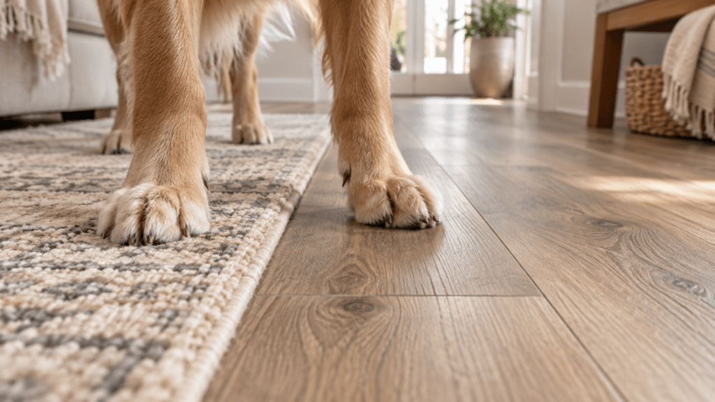 Dog paws on textured flooring beside a soft runner, showing traction considerations when choosing the best flooring for dogs.