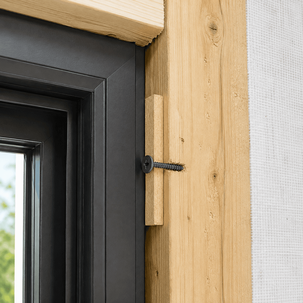 Door jamb detail showing shim support and anchor fastening into surrounding wood framing