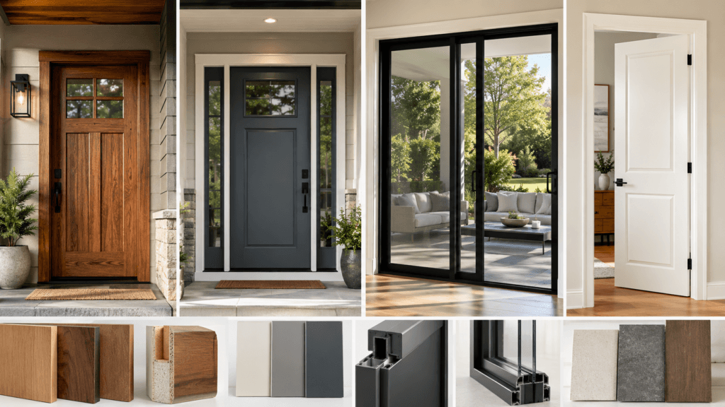 Door frames and materials guide showing wood, fiberglass, steel, aluminum, vinyl and clad residential door systems