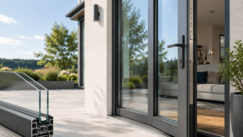 Door glass system with insulated glazing, aluminum frame and multipoint security hardware