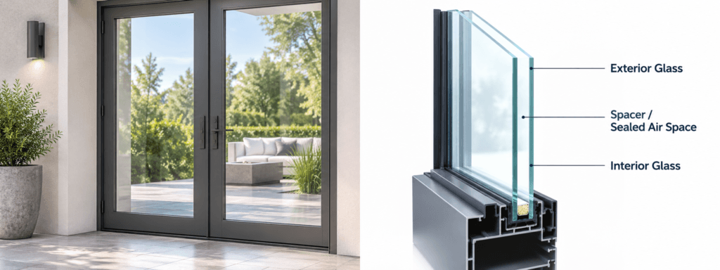 Double-pane insulated door glass diagram showing exterior and interior glass panes, spacer, sealed air space and door frame