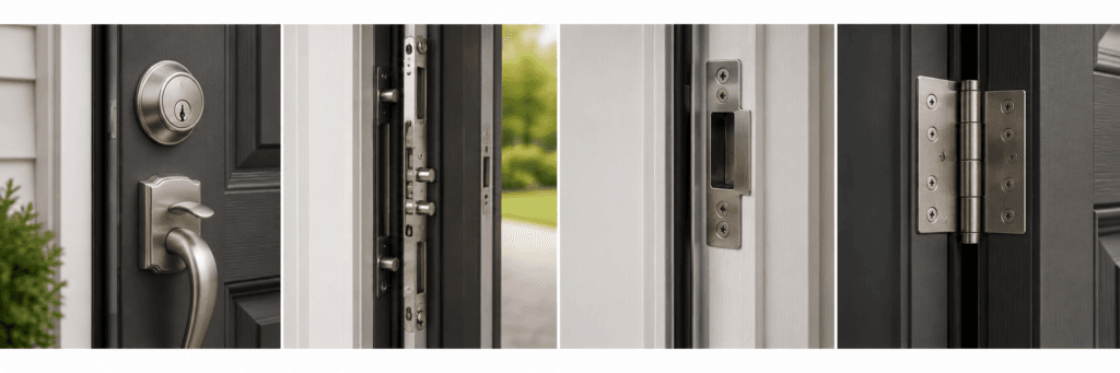 Door multipoint locking hardware diagram showing top, center and bottom locking points engaging the frame