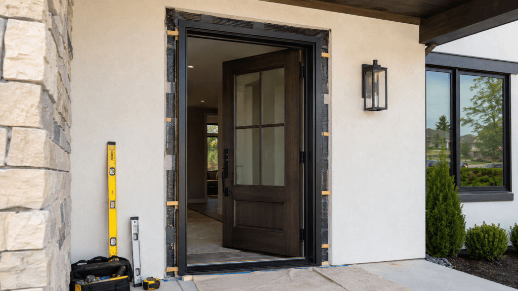 Exterior door replacement and installation showing prepared rough opening, flashing, shims and new door frame