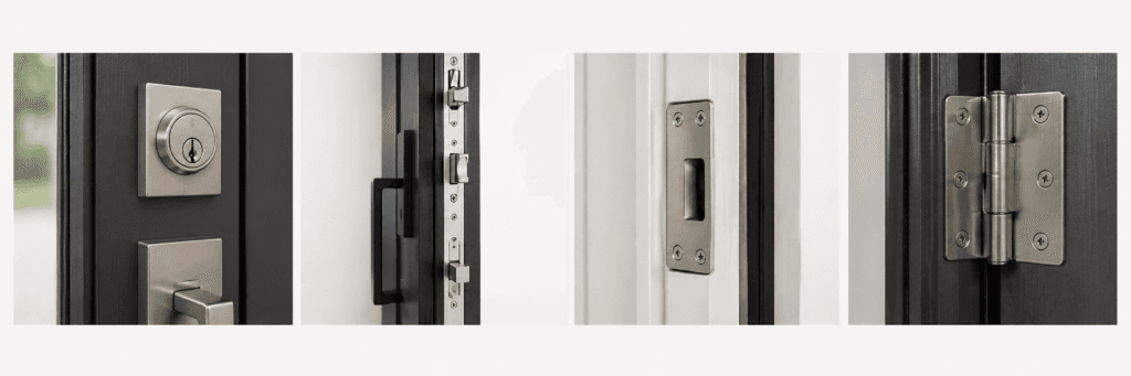 Door security details showing laminated glass, reinforced frame and strike, multipoint locking hardware and frame anchoring