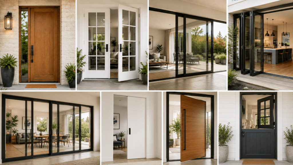 Door types guide showing entry, French, sliding patio, folding, multi-slide, pocket, pivot and Dutch door configurations