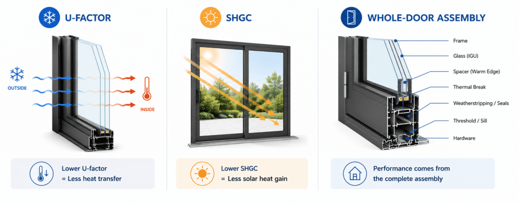 Door energy performance diagram explaining U-factor, solar heat gain coefficient and whole-door performance