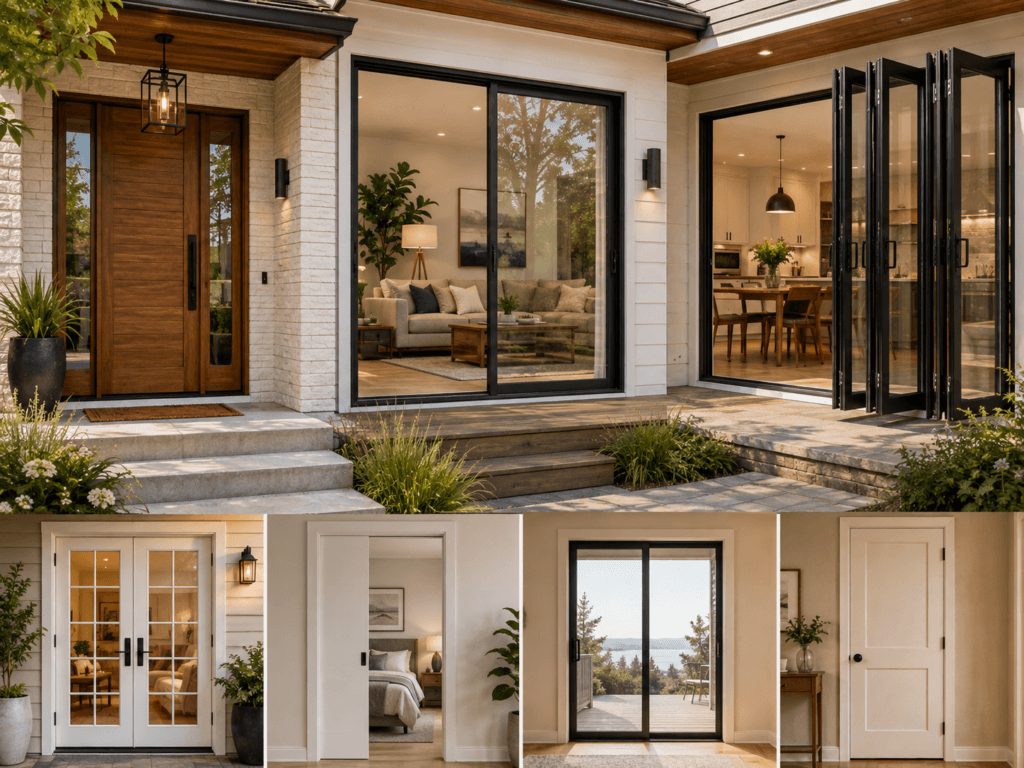 Residential door guide showing wood entry door, sliding patio door, folding glass door, French doors, pocket door and interior door