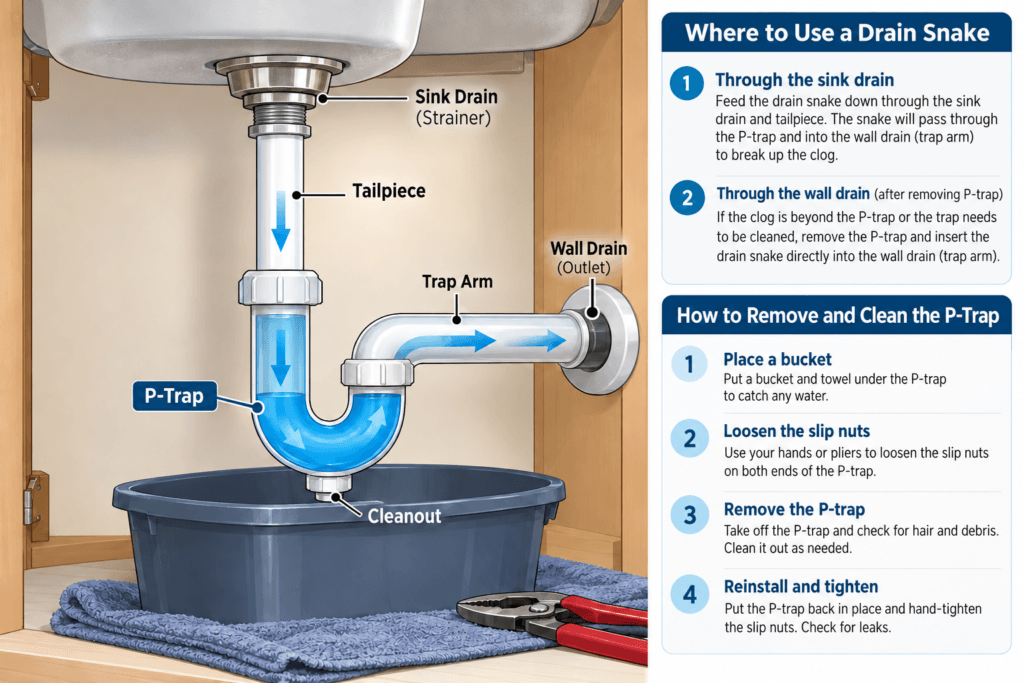 Illustrated diagram showing sink drain parts, P-trap removal and where to insert a drain snake
