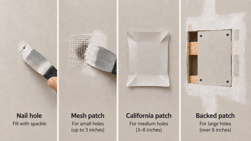 Drywall repair methods for nail holes, mesh patches, California patches and larger backed drywall repairs