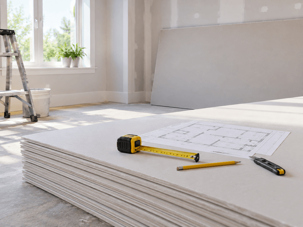 Kitchen interior representing a drywall sheet calculator for estimating wall and ceiling materials