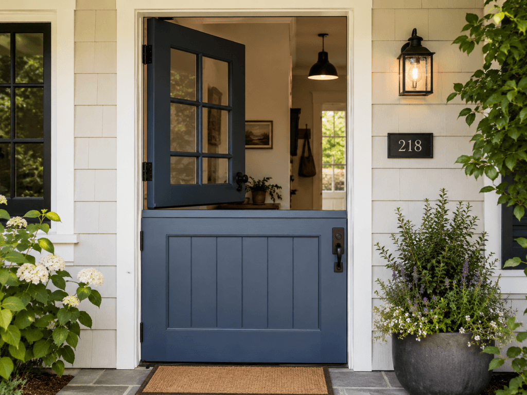 Exterior Dutch door with divided upper and lower sections, upper half open and lower half closed at a residential entry