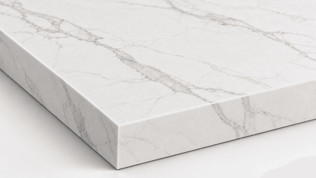 Porcelain countertop slab corner with elegant veining