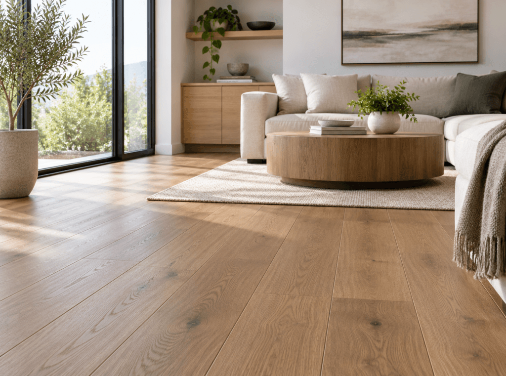 Modern living room with wide-plank engineered hardwood flooring in a warm oak finish