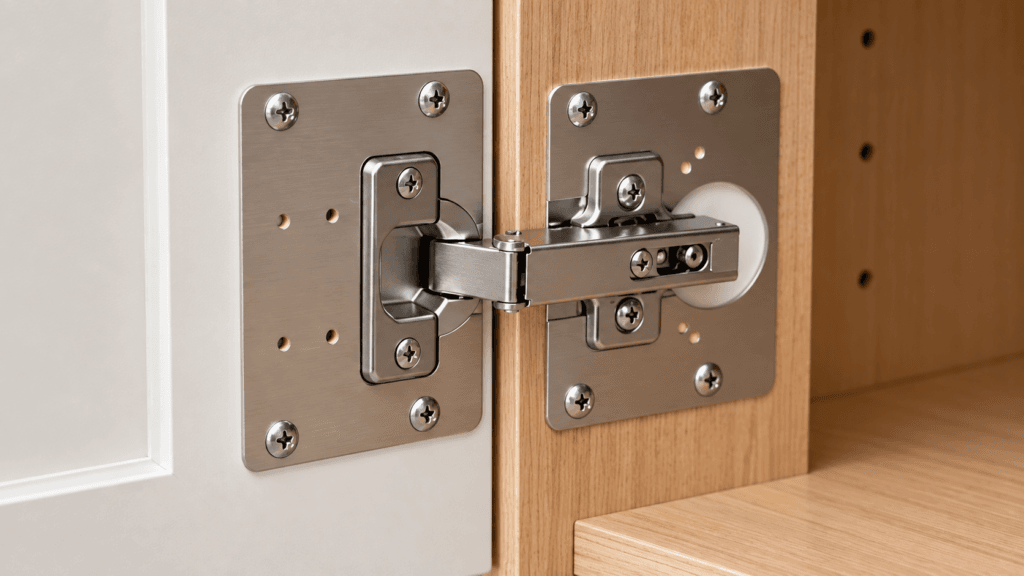 European-style cabinet hinge installed with metal repair plates over damaged mounting holes