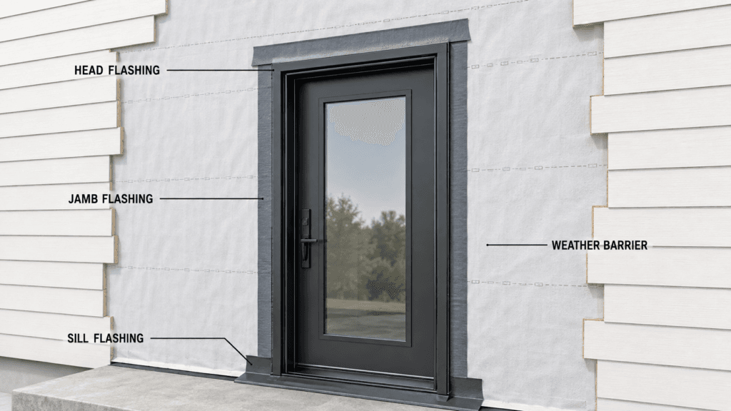 Exterior door opening showing sill flashing, jamb flashing, head flashing and surrounding weather barrier