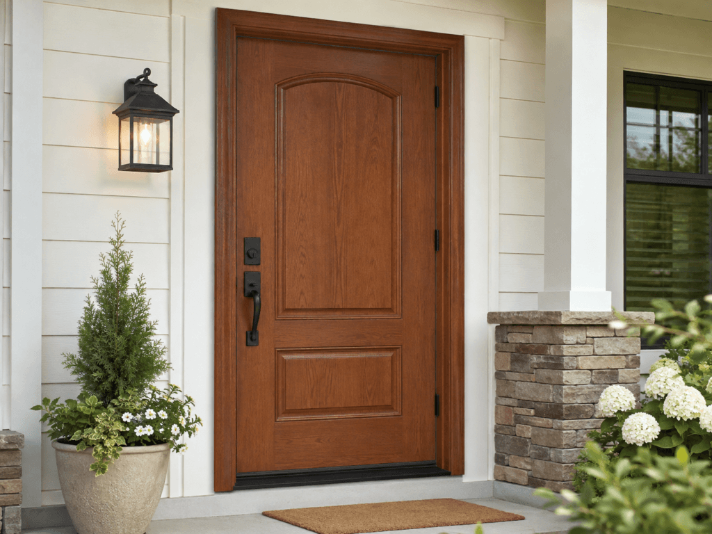 Fiberglass residential entry door with wood-grain finish, insulated construction, black hardware and exterior frame
