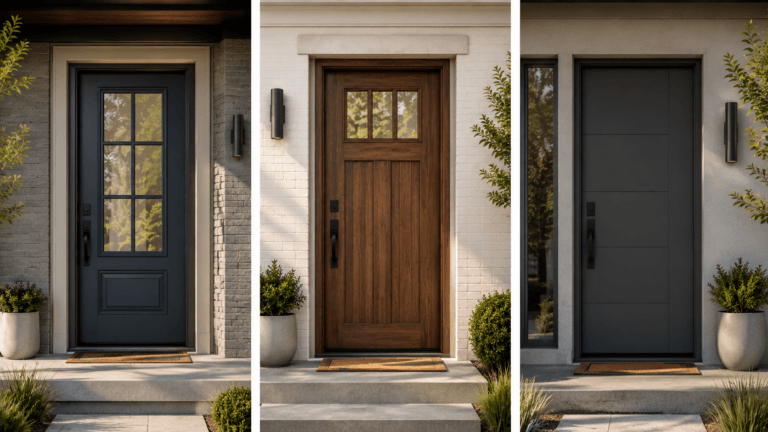 Fiberglass, wood and steel entry doors shown side by side on modern residential homes