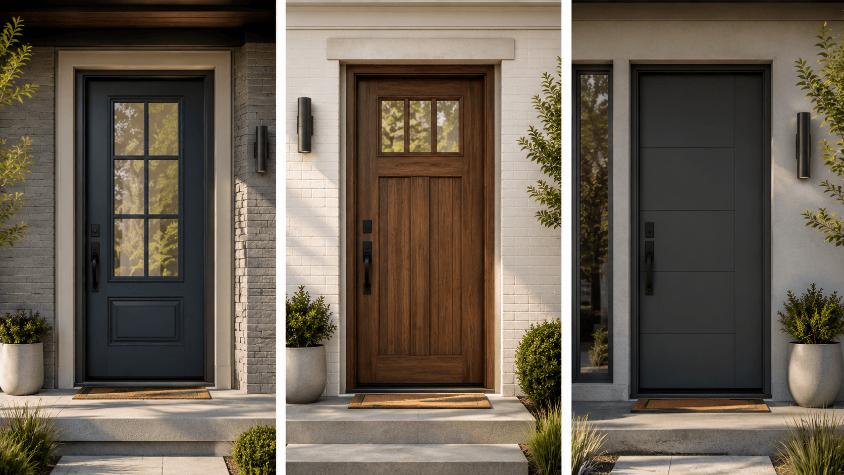 Fiberglass, wood and steel entry doors shown side by side on modern residential homes