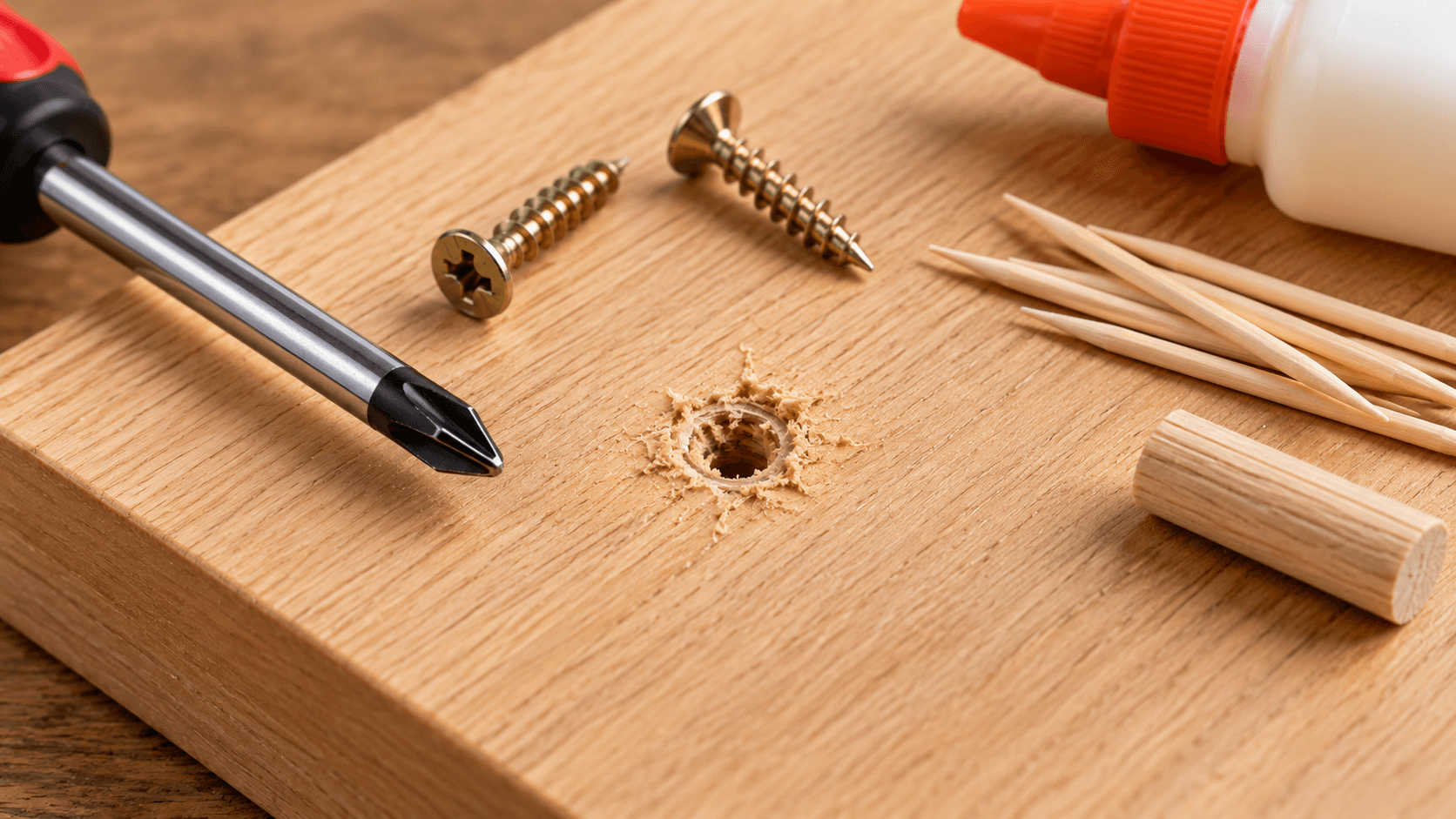 - How to fix a stripped screw hole in wood using screws, toothpicks, wood glue and a dowel