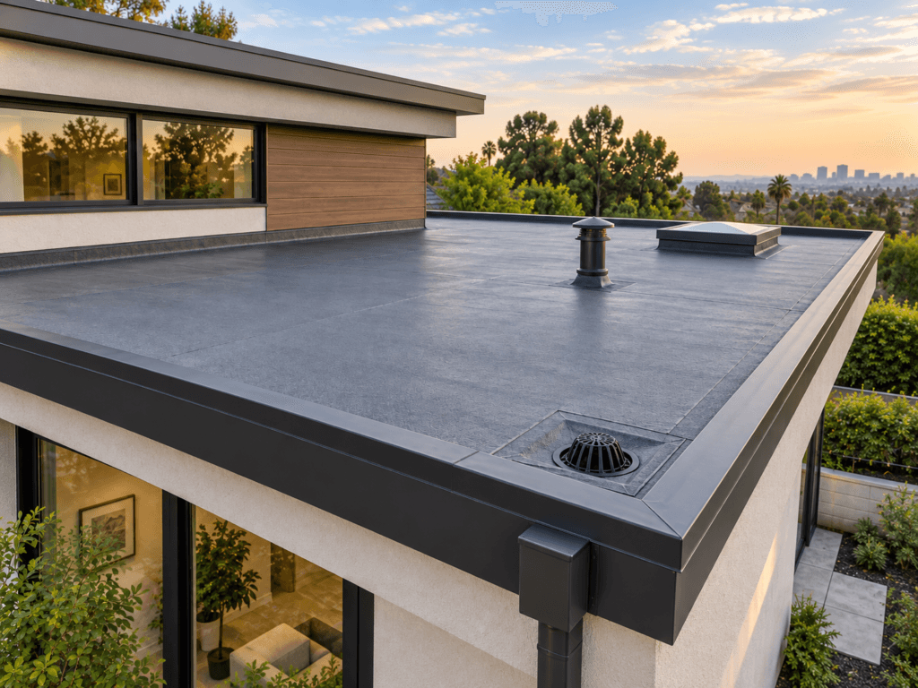 Flat low-slope residential roof with membrane roofing, roof drain and vent penetration
