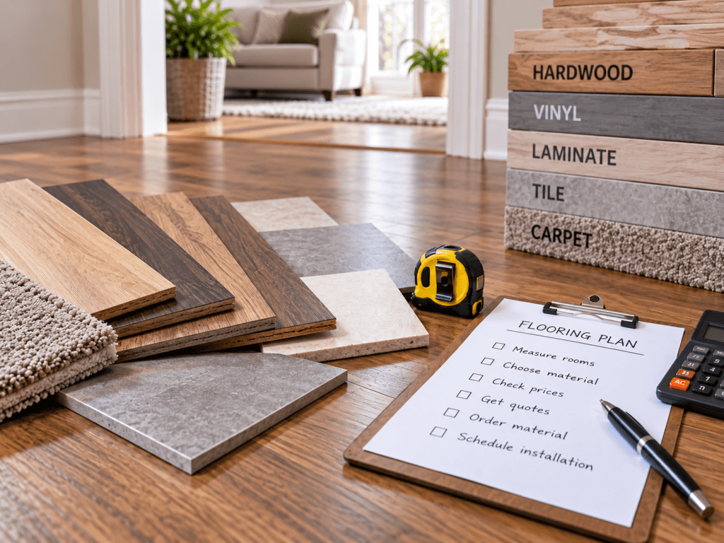 Flooring samples, tape measure, calculator and planning checklist arranged in a home interior for comparing flooring materials, costs and buying decisions.