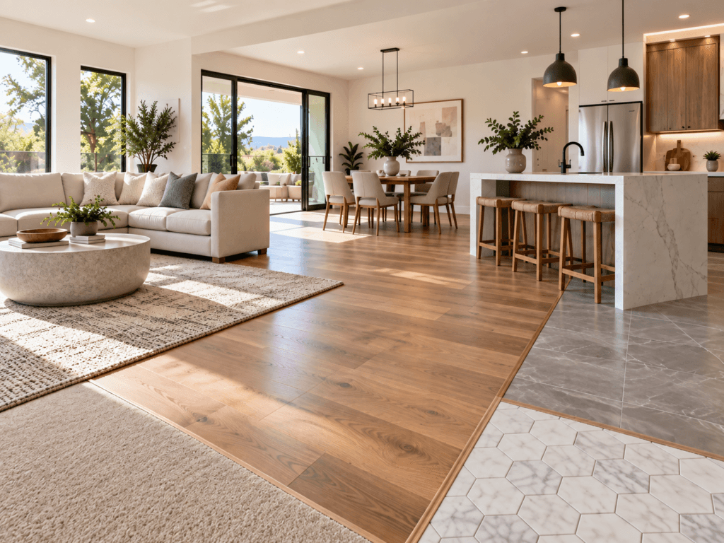 Flooring guides showing hardwood, stone tile, mosaic tile and carpet in a modern open-plan home