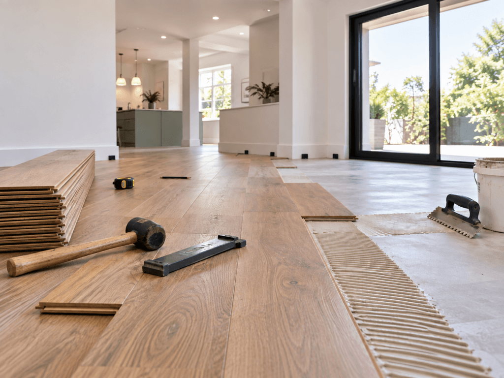 Flooring installation in progress showing planks being fitted in a residential room before the finished floor is completed.