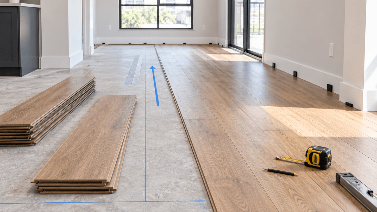 Partially installed wood-look flooring with layout lines, stacked planks and tools showing the planned flooring direction and starting point.