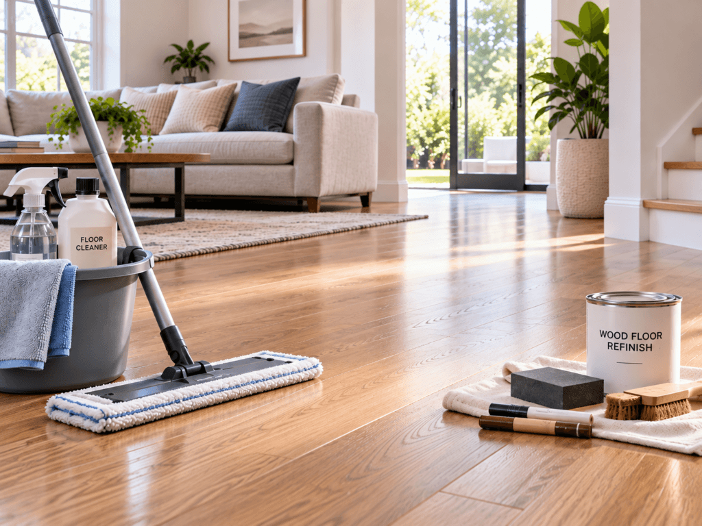 Hardwood flooring maintenance and repair setup with a microfiber mop, floor cleaner, refinishing supplies and wood touch-up tools in a bright residential interior.