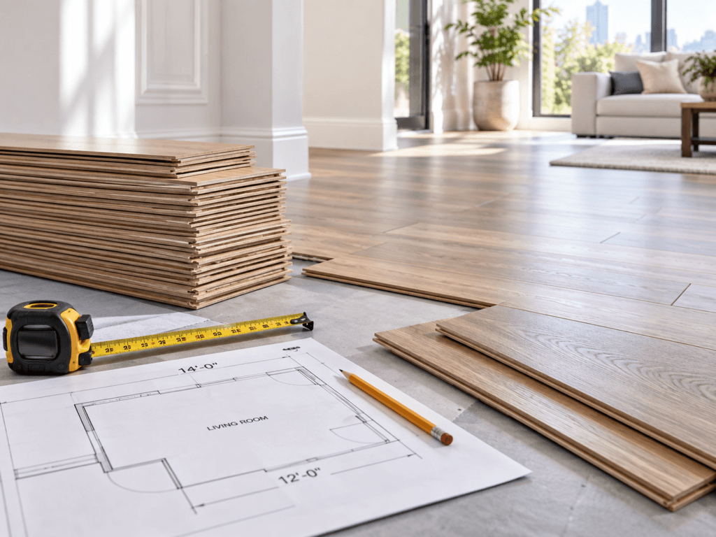 Living space with wood flooring representing a flooring quantity calculator for room measurements and waste planning