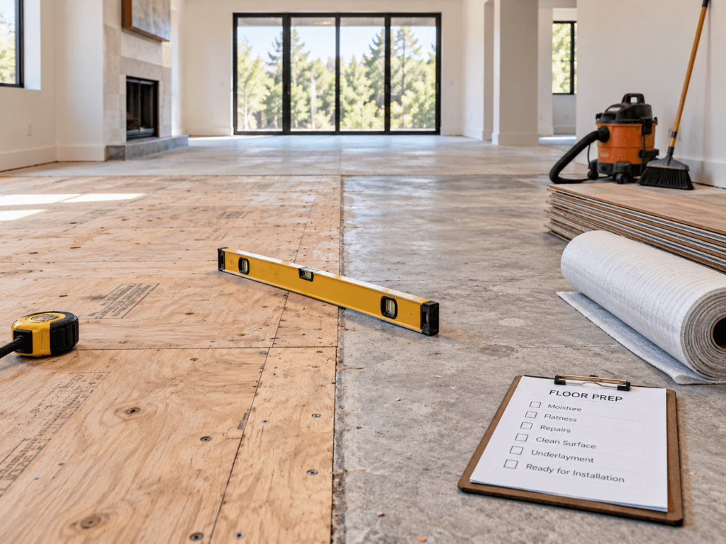 Flooring subfloor preparation showing plywood and concrete subfloors, level, underlayment and floor prep tools before installation