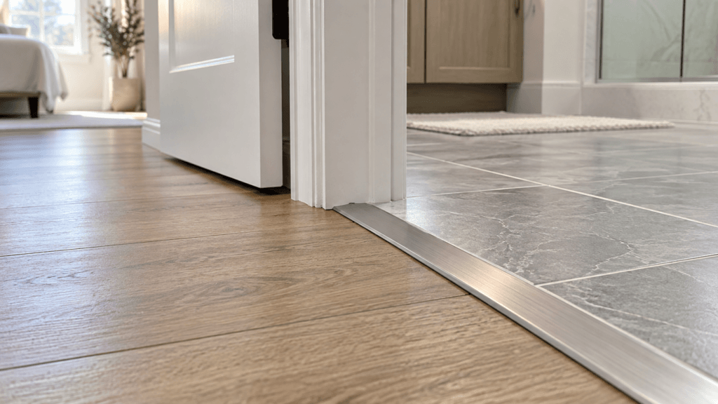 Close-up of a doorway transition where wood-look flooring meets tile with a metal transition strip between the two finished floor surfaces.