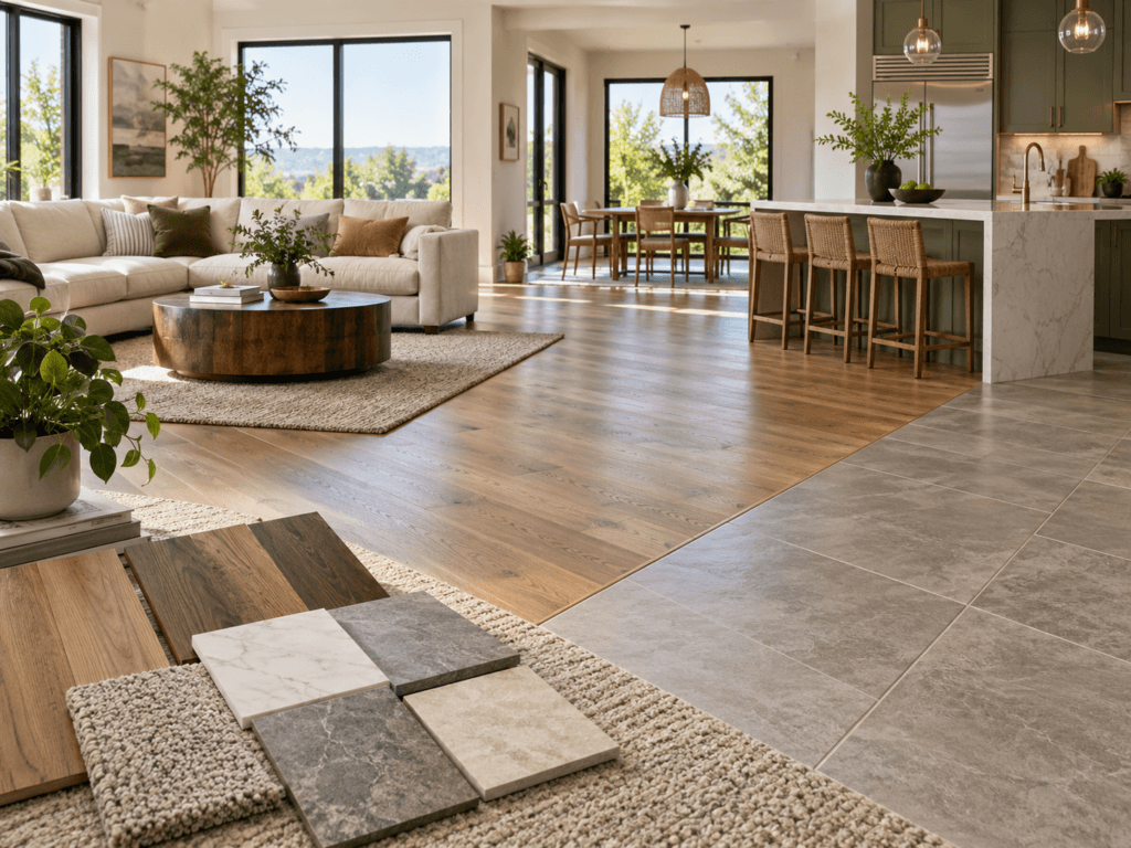 Modern open-plan home showing hardwood, tile, carpet and flooring material samples